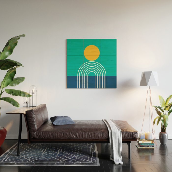 Geometric Lines in Blue Teal Yellow (Sun and Rainbow abstraction) Wood Wall Art Gallery Image 2