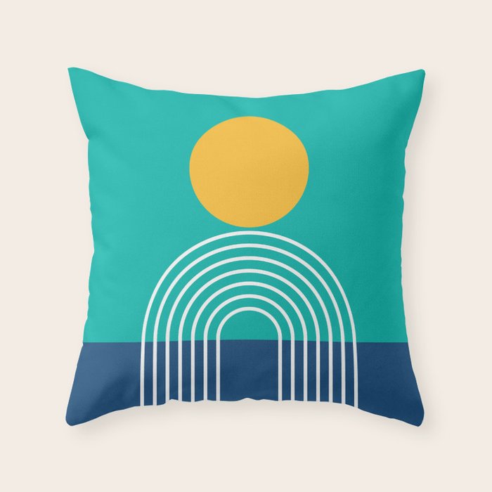 Geometric Lines in Blue Teal Yellow (Sun and Rainbow abstraction) Throw Pillow Gallery Image 1