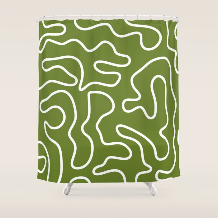 Squiggle Maze Minimalist Abstract Pattern Olive Moss Green Shower Curtain Gallery Image 1