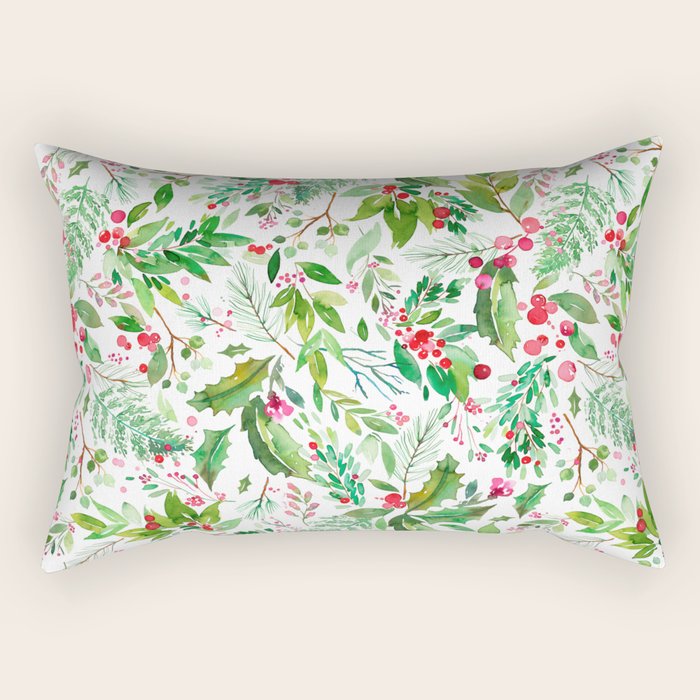 Holiday Christmas Winter Nature Botanical Leaves Green Rectangular Pillow Gallery Image 2