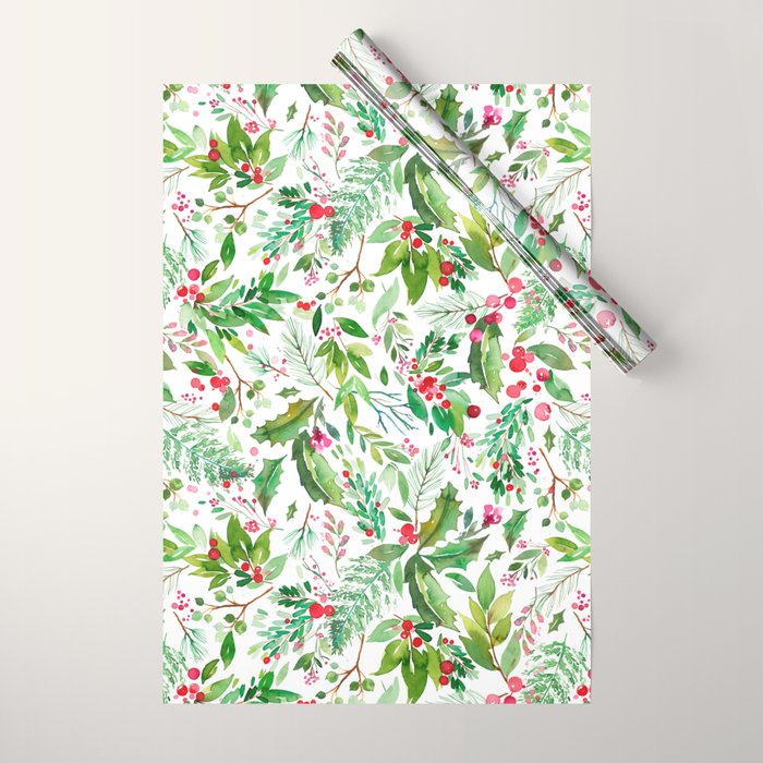 Holiday Christmas Winter Nature Botanical Leaves Green Wrapping Paper Gallery Image 1