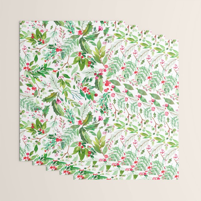 Holiday Christmas Winter Nature Botanical Leaves Green Wrapping Paper Gallery Image 3