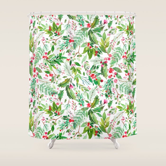Holiday Christmas Winter Nature Botanical Leaves Green Shower Curtain Gallery Image 1