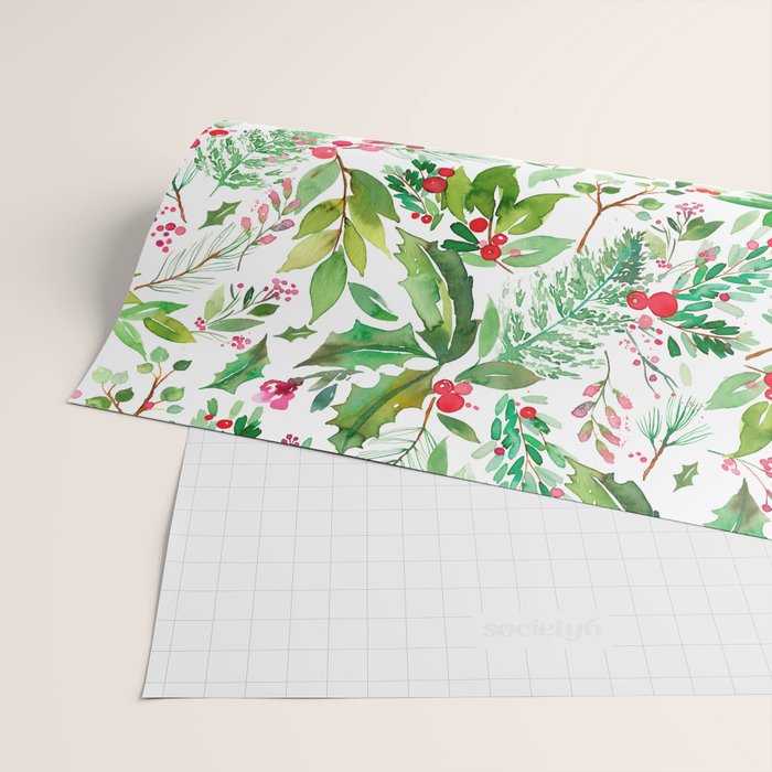Holiday Christmas Winter Nature Botanical Leaves Green Wrapping Paper Gallery Image 2