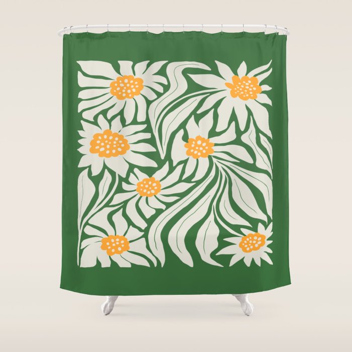 White Camellia & Fern Green Shower Curtain Gallery Image 1