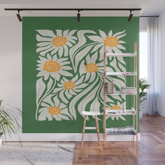 White Camellia & Fern Green Wall Mural Gallery Image 1