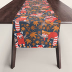 Red panda blending with the foliage // navy background red cozy animals fog brown taupe tree branches orange acer leaves Table Runner Gallery Image 1