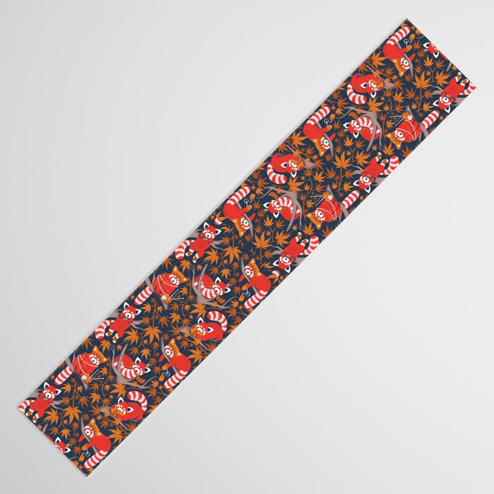 Red panda blending with the foliage // navy background red cozy animals fog brown taupe tree branches orange acer leaves Table Runner Gallery Image 3