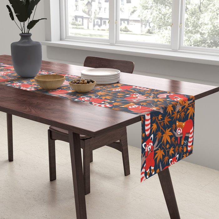 Red panda blending with the foliage // navy background red cozy animals fog brown taupe tree branches orange acer leaves Table Runner Gallery Image 2