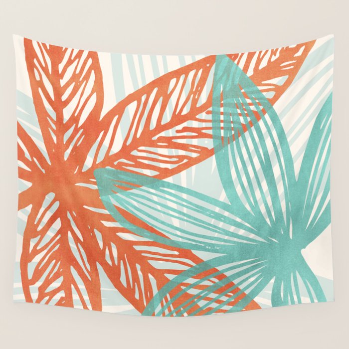 Coral and Aqua Coastal Print Wall Tapestry Gallery Image 1