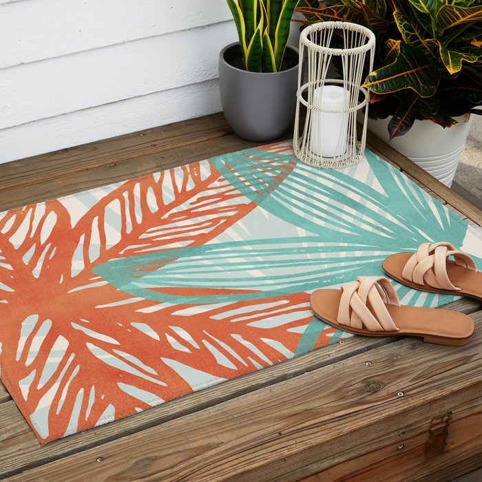 Coral and Aqua Coastal Print Outdoor Rug Gallery Image 2