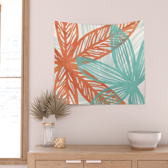 Coral and Aqua Coastal Print Wall Tapestry Gallery Image 2
