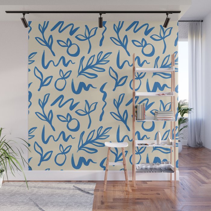 Blue organic watercolor nature art pattern Wall Mural Gallery Image 1