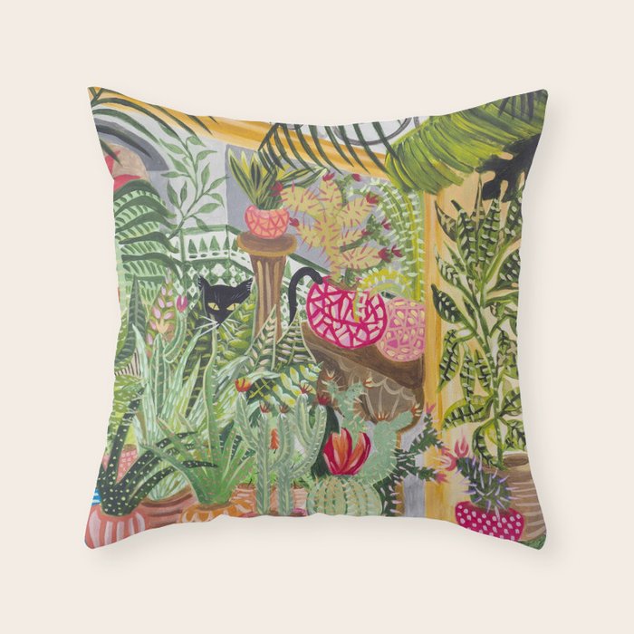 Black cat in the Garden Throw Pillow Gallery Image 1