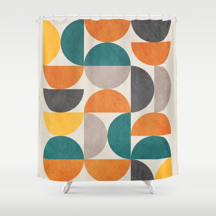 Teal Orange Semicircles Modern Yellow Gray Artwork Shower Curtain Gallery Image 1