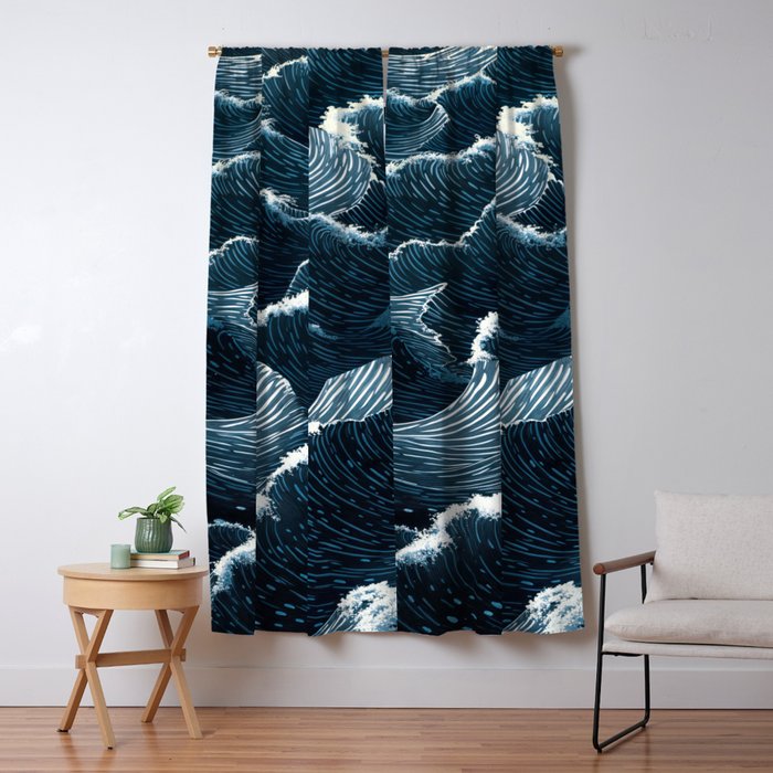 Japandi Wall Art Wabi Sabi Print Mid century Modern Navy Blue Art Minimalist Japanese Art Ocean art  Window Curtain Gallery Image 1