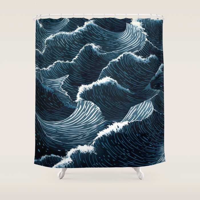 Japandi Wall Art Wabi Sabi Print Mid century Modern Navy Blue Art Minimalist Japanese Art Ocean art  Shower Curtain Gallery Image 1