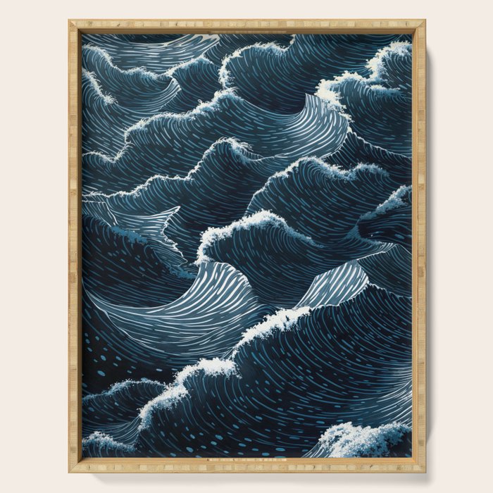 Japandi Wall Art Wabi Sabi Print Mid century Modern Navy Blue Art Minimalist Japanese Art Ocean art  Serving Tray Gallery Image 1
