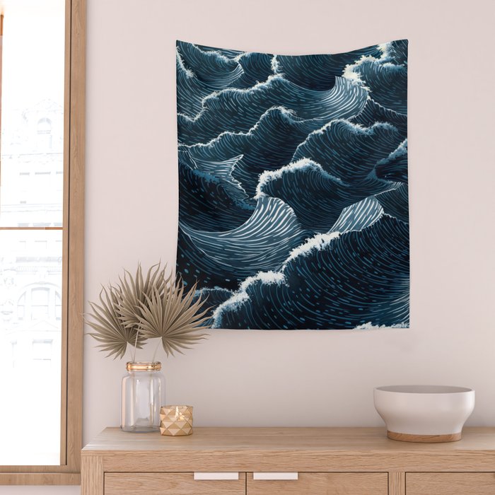 Japandi Wall Art Wabi Sabi Print Mid century Modern Navy Blue Art Minimalist Japanese Art Ocean art  Wall Tapestry Gallery Image 2