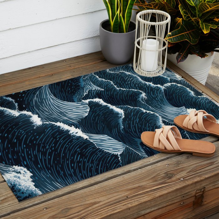 Japandi Wall Art Wabi Sabi Print Mid century Modern Navy Blue Art Minimalist Japanese Art Ocean art  Outdoor Rug Gallery Image 2