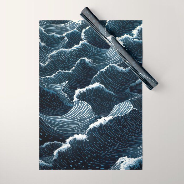 Japandi Wall Art Wabi Sabi Print Mid century Modern Navy Blue Art Minimalist Japanese Art Ocean art  Wrapping Paper Gallery Image 1