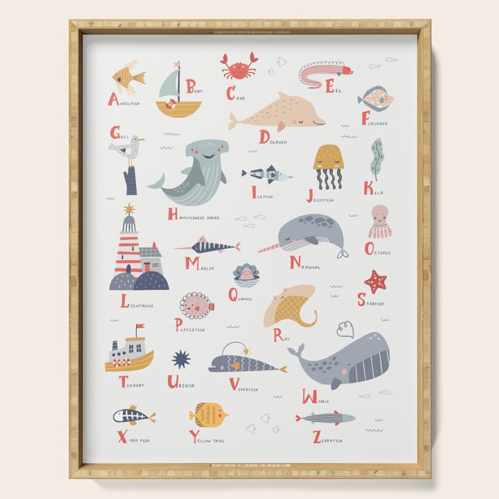 Ocean sealife alphabet in white Serving Tray Gallery Image 1