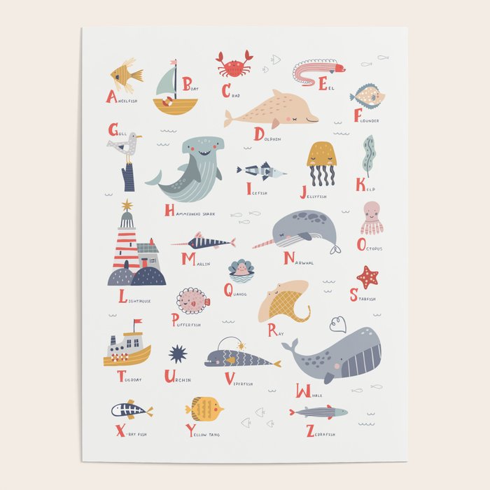Ocean sealife alphabet in white Poster Gallery Image 4
