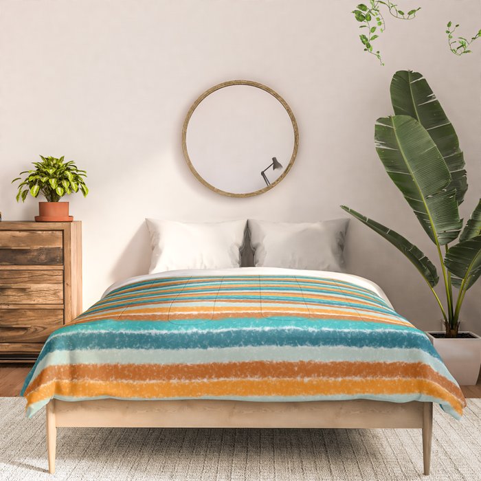 Textured Summer Stripes Pattern in Orange, Rust, Turquoise, Teal, and White Comforter Gallery Image 3