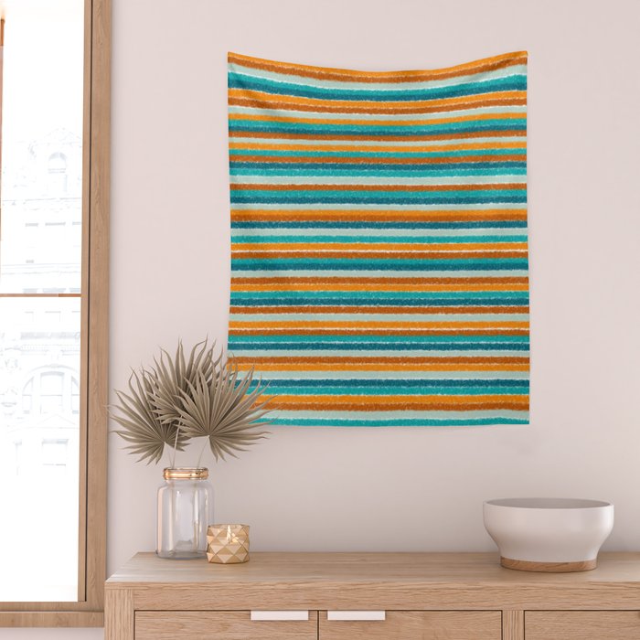 Textured Summer Stripes Pattern in Orange, Rust, Turquoise, Teal, and White Wall Tapestry Gallery Image 2