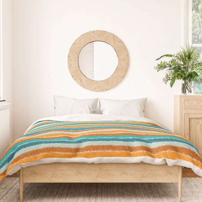 Textured Summer Stripes Pattern in Orange, Rust, Turquoise, Teal, and White Duvet Cover Gallery Image 3