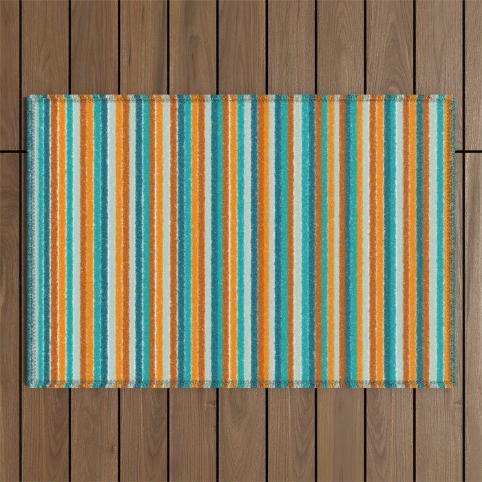 Textured Summer Stripes Pattern in Orange, Rust, Turquoise, Teal, and White Outdoor Rug Gallery Image 1