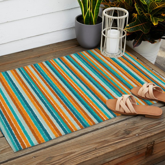 Textured Summer Stripes Pattern in Orange, Rust, Turquoise, Teal, and White Outdoor Rug Gallery Image 2