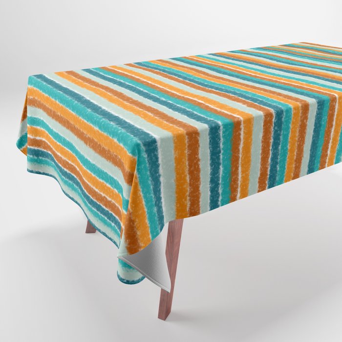 Textured Summer Stripes Pattern in Orange, Rust, Turquoise, Teal, and White Tablecloth Gallery Image 1