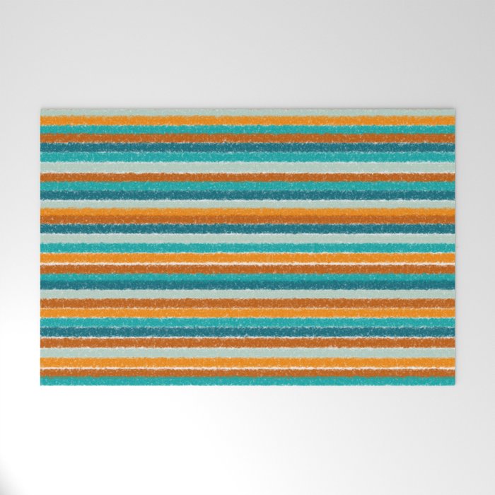 Textured Summer Stripes Pattern in Orange, Rust, Turquoise, Teal, and White Welcome Mat Gallery Image 1