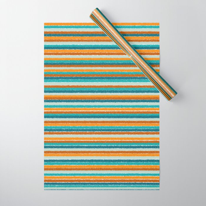 Textured Summer Stripes Pattern in Orange, Rust, Turquoise, Teal, and White Wrapping Paper Gallery Image 1