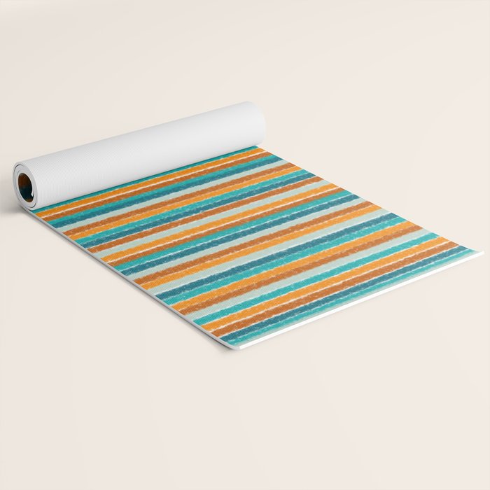 Textured Summer Stripes Pattern in Orange, Rust, Turquoise, Teal, and White Yoga Mat Gallery Image 2