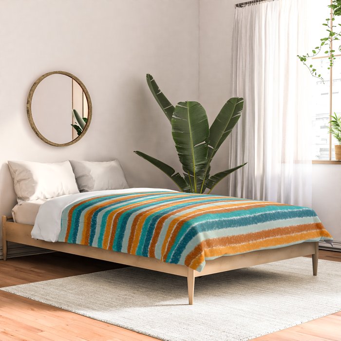 Textured Summer Stripes Pattern in Orange, Rust, Turquoise, Teal, and White Comforter Gallery Image 2