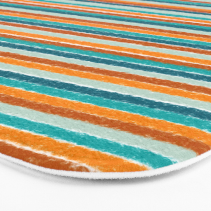 Textured Summer Stripes Pattern in Orange, Rust, Turquoise, Teal, and White Bath Mat Gallery Image 3
