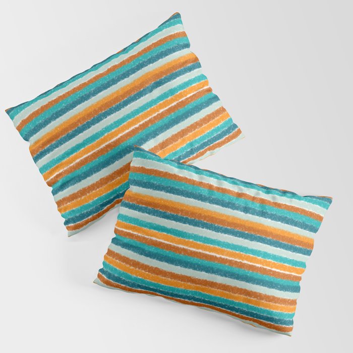 Textured Summer Stripes Pattern in Orange, Rust, Turquoise, Teal, and White Pillow Sham Gallery Image 3