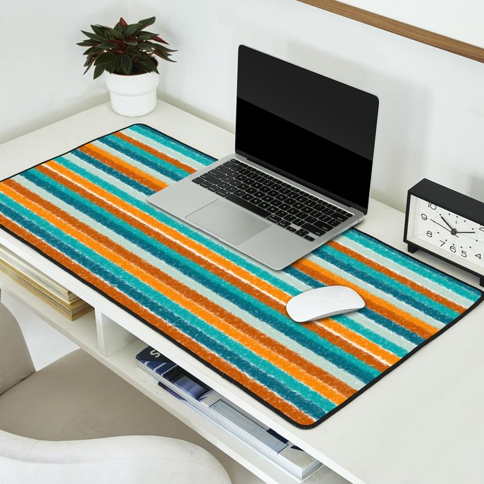 Textured Summer Stripes Pattern in Orange, Rust, Turquoise, Teal, and White Desk Mat Gallery Image 2