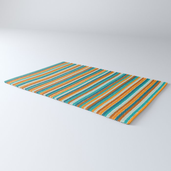 Textured Summer Stripes Pattern in Orange, Rust, Turquoise, Teal, and White Rug Gallery Image 3