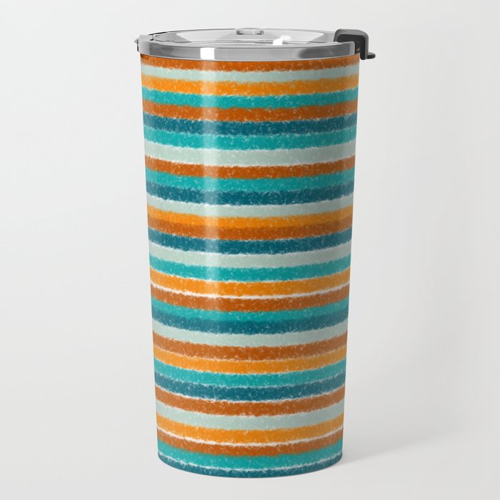 Textured Summer Stripes Pattern in Orange, Rust, Turquoise, Teal, and White Travel Mug Gallery Image 2