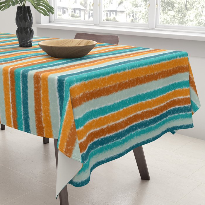 Textured Summer Stripes Pattern in Orange, Rust, Turquoise, Teal, and White Tablecloth Gallery Image 3