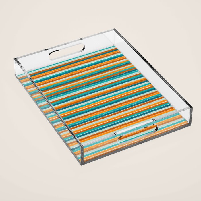 Textured Summer Stripes Pattern in Orange, Rust, Turquoise, Teal, and White Acrylic Tray Gallery Image 1