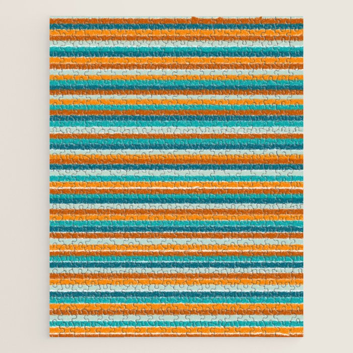 Textured Summer Stripes Pattern in Orange, Rust, Turquoise, Teal, and White Jigsaw Puzzle Gallery Image 1