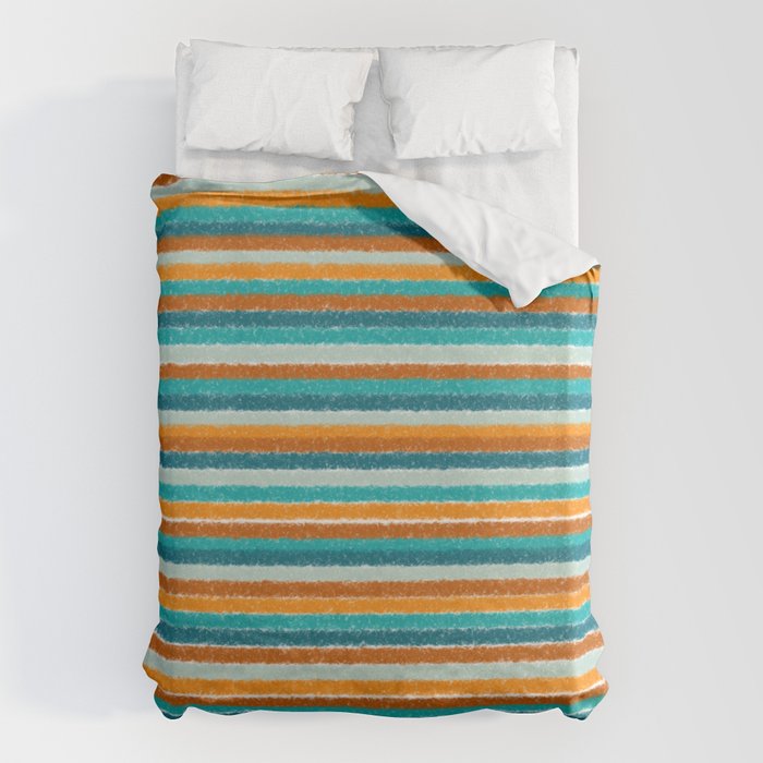 Textured Summer Stripes Pattern in Orange, Rust, Turquoise, Teal, and White Duvet Cover Gallery Image 6