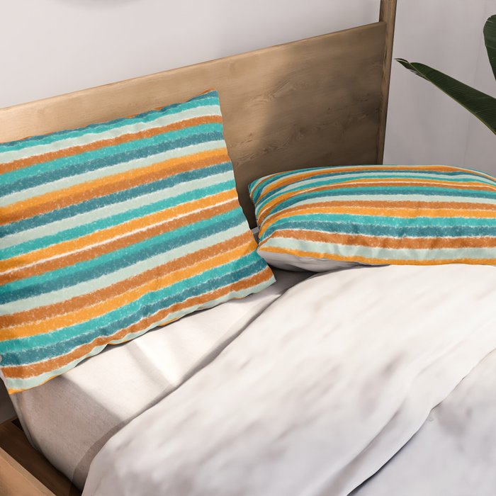 Textured Summer Stripes Pattern in Orange, Rust, Turquoise, Teal, and White Pillow Sham Gallery Image 2