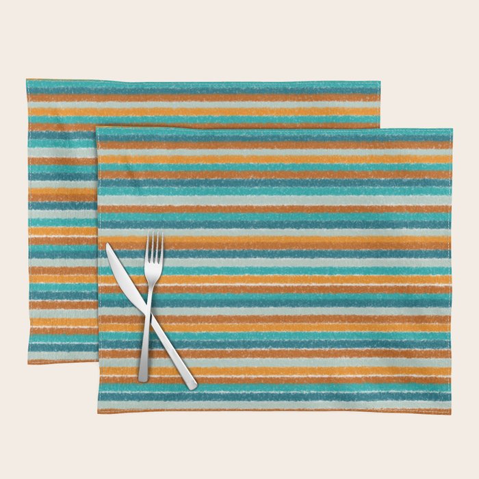 Textured Summer Stripes Pattern in Orange, Rust, Turquoise, Teal, and White Placemat Gallery Image 1