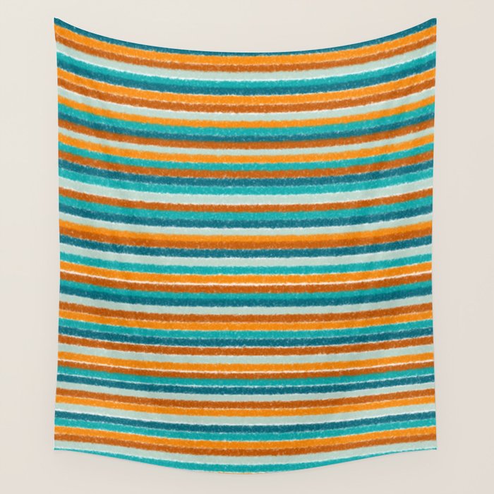 Textured Summer Stripes Pattern in Orange, Rust, Turquoise, Teal, and White Wall Tapestry Gallery Image 4