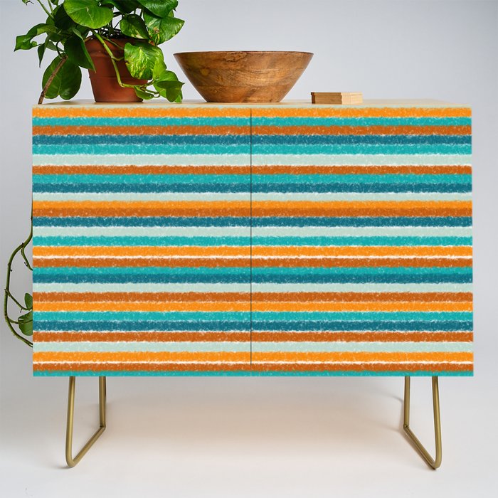 Textured Summer Stripes Pattern in Orange, Rust, Turquoise, Teal, and White Credenza Gallery Image 1